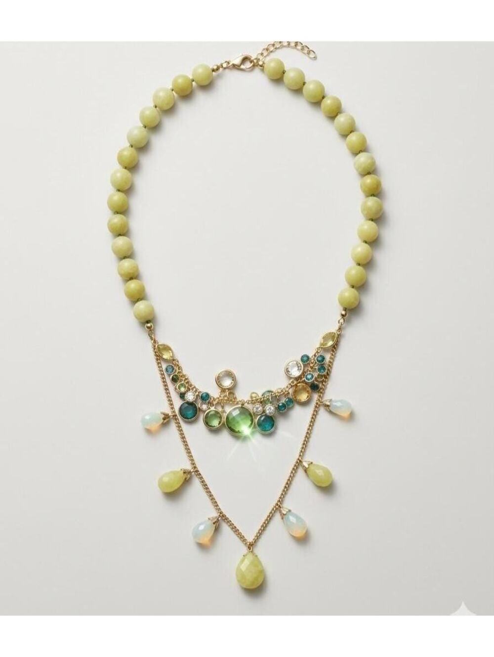 Lime Green Beaded Necklace with Colorful Crystal Bib Pendant, Liz Claiborne